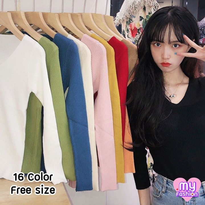 myf-มาใหม่-เสื้อแฟชั่นไหมพรมคอวี-มีสีให้เลือกเยอะ-16-สี