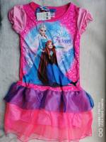 Disney : ชุดเดรส พิมพ์ลาย Frozen สีชมพู เนื้อผ้ากึ่งมัน ระบายผ้าแก้ว  Size : 6-12y