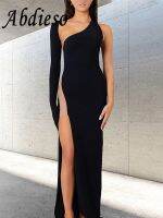 Abdieso Black Backless Sexy Split Long Evening Party Dresses For Women 2023 Fall One Shoulder Long Sleeve Bodycon Dress Vestidos