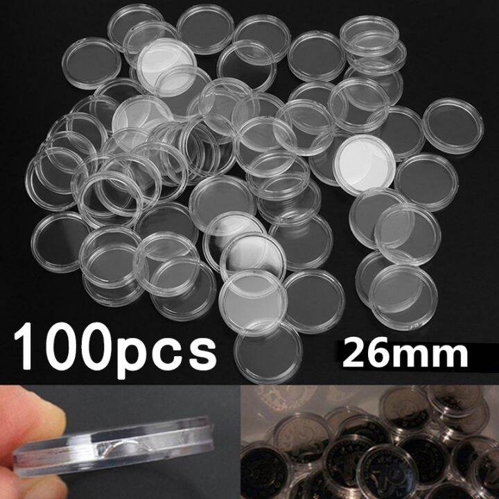 elegant-100pcs-18-20-21-22-26mm-plasticstransparent-รอบเหรียญกล่องแคปซูลเก็บเหรียญผู้ถือคอนเทนเนอร์-home-supplies