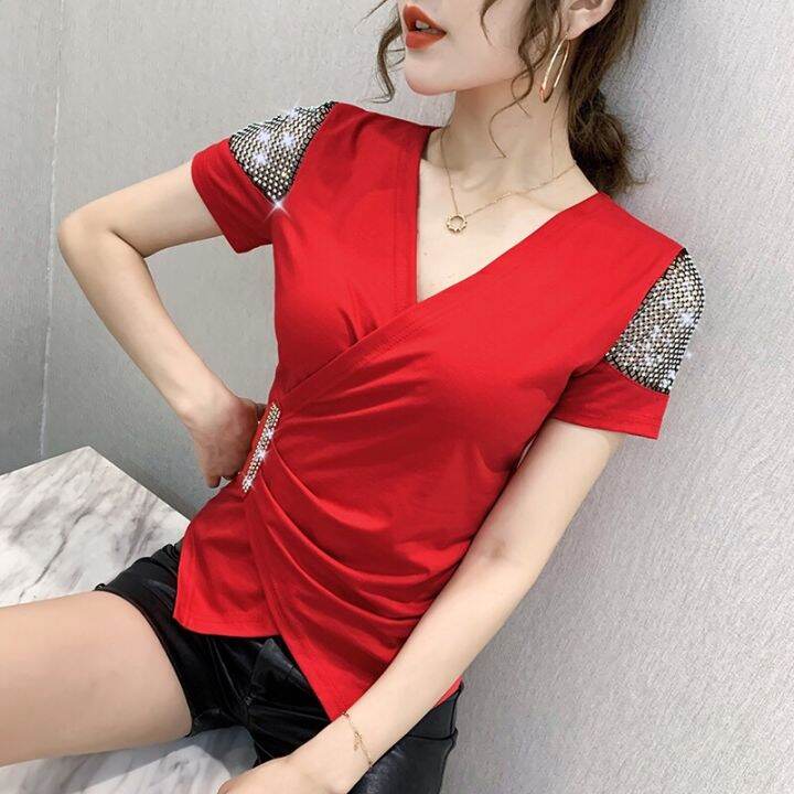 yimei-irregular-top-2023-summer-new-fashion-design-sense-heavy-work-bright-diamond-short-sleeve-red-t-shirt-female-temperament-womens-versatile-cotton-t-shirt