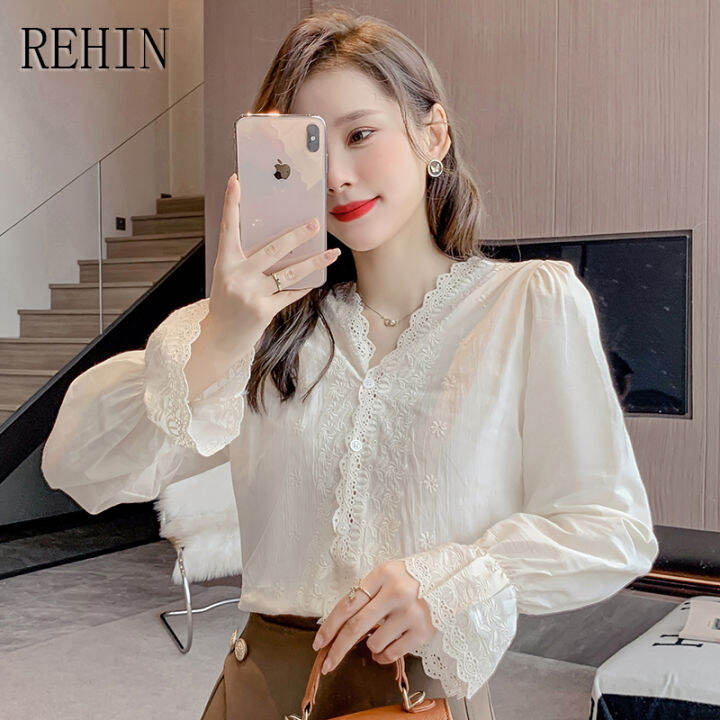 rehin-เสื้อลูกไม้คอวีสไตล์ฝรั่งเศสสำหรับผู้หญิง-เสื้อแขนยาวเสื้อแขนกว้างดีไซน์สวยหวาน