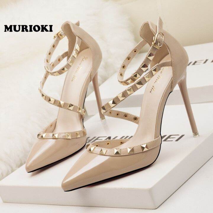 ⊙ Murioki Sexy Ankle Cross Strap Rivet Rockstud Pointed 4 Inches Stiletto  High Heels | Lazada Ph