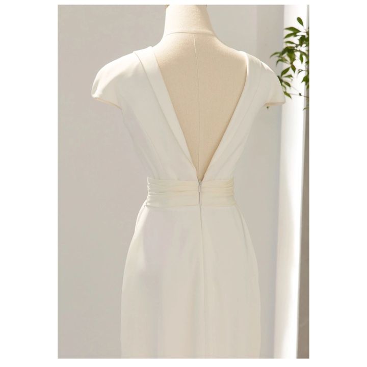 ชุดเดรสสีขาวสำหรับเจ้าสาวเนื้อบางชุดแต่งงานผ้าซาตินคุณภาพสูง-ff252งานหมั้น
