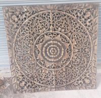 Black Wash Mandala Wood Carving Panel 48 x 48 inches Wood Carved Plaque Wall Art Hanging Headboard (ไม้แกะสลัก ไม้ฉลุ 4ฟุต 120 x 120 Cm )