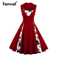 2021Tonval Vintage Rockabilly Pink Dress Women Contrast Floral Elegant Button Double Breasted Summer Slim Swing Dress Party