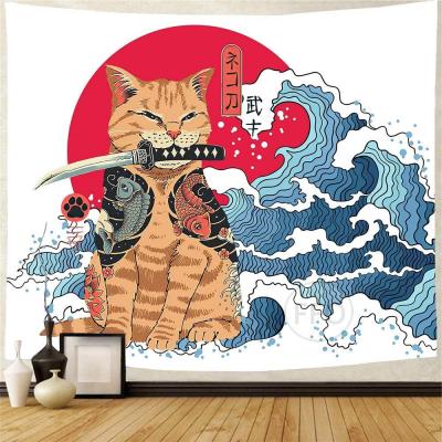 【cw】Japanese Samurai Cat Tapestry Wall Hanging Ocean Wave Tapestry Aesthetic Room Decor Tapestries Bed Cover Cars Home Decoration