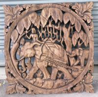 Elephant Wood Carved Plaque Wood Caring Panel 60 x  60 Cm Wall Art Hanging Wall Decor Traditional Thai Wooden Panel Teak Wood ไม้แกะสลักไม้ฉลุลายช้าง 60 x 60 เซนติเมตร