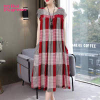 Maternity Dresses Soft Loose Contrasting Color Plaid Short Sleeve Dress Skin-friendly Middle-aged Mother Dress Mid-length Swing A-line Skirt