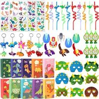 JOLLYBOOM 72Pcs Dinosaur Party Favors Set, Dino Themed Party Favors Gift With Masks, Whistles, Gifts Bags, Key-Chains,Tattoo Stickers, Straws And Dinosaur Eggs For Kids Birthday Baby Shower Party