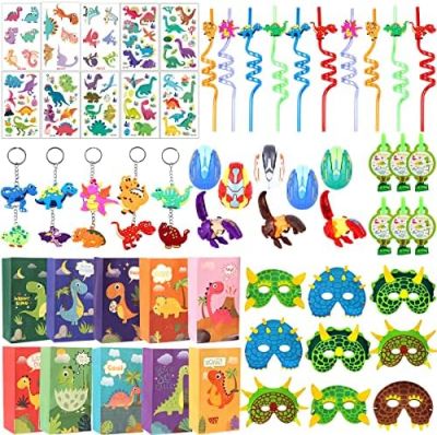 JOLLYBOOM 72Pcs Dinosaur Party Favors Set, Dino Themed Party Favors Gift With Masks, Whistles, Gifts Bags, Key-Chains,Tattoo Stickers, Straws And Dinosaur Eggs For Kids Birthday Baby Shower Party