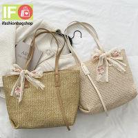 ifashionbagshop(IF1722) กระเป๋าสานมีโบว์ผูก กระเป๋าสะพายไหล่