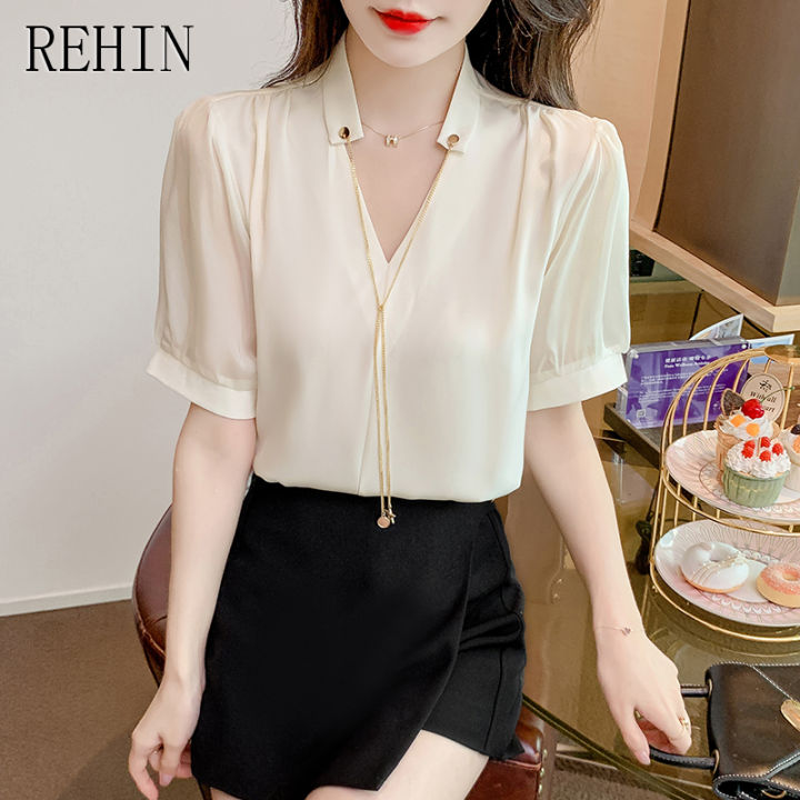 rehin-เสื้อผู้หญิง2023ใหม่ฤดูร้อนเสื้อชีฟองเรียบง่ายอเนกประสงค์เสื้อกันหนาวสวมหัวคอวีมีสไตล์ไม่ซ้ำใคร