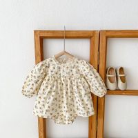 COD DSFERTEREERRE 0-2 Years Old Autumn Baby Jumpsuit for Girls Long Sleeve Floral Beige Cotton Newborn Baby Romper