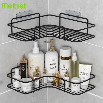 ◊♦✟ Bathroom Shelves Triangular Storage Rack Stainless Steel Wall Shelf Punch-free Shower Rack Kitchen Spice Bottle Organizer