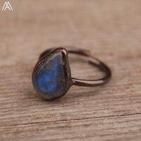 Exquiste แฟลช Labradorite หยดน้ำเปิดนิ้วสำหรับผู้หญิงวินเทจบรอนซ์อัญมณีธรรมชาติของขวัญเครื่องประดับที่สามารถปรับได้