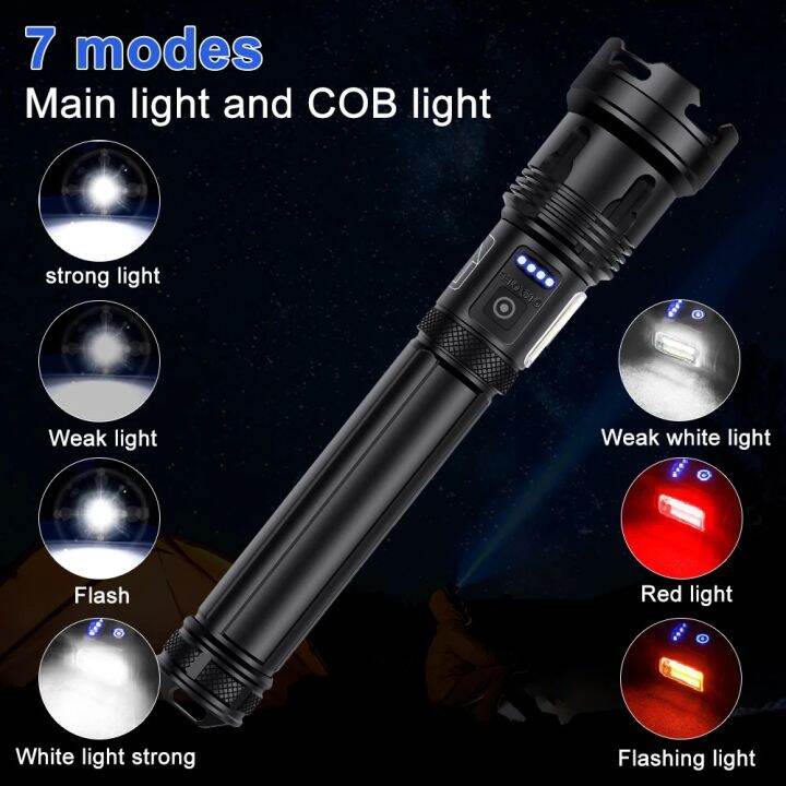 thumbnail image 2 of Rechargeable 990000LM XHP90 LED Tactical Flashlight - Super Bright, USB-C, Power Bank (2x26650) 2 of 6