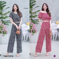 J17274 Set 2 ชิ้น เสื้อครอป แขนตุ๊กตา ลายหัวใจ + กางเกงขายาว Crop top, doll sleeves, heart pattern + long pants