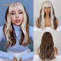 Synthetic Wig Long Wave Ombre Brown White Blonde Wavy Wigs with Bangs for Women Party Cosplay Heat Resistant Fiber Hair