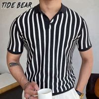 TIDE BEAR เสื้อโปโลระบายอากาศแขนสั้นสำหรับผู้ชายฤดูร้อนผ้าไอซ์ซิลค์ลายทาง