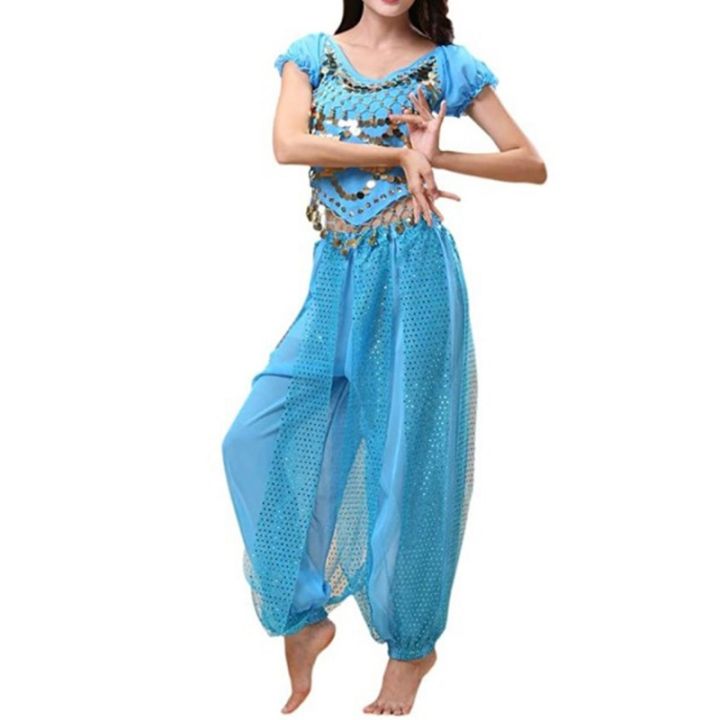 ชุดเต้นระบำหน้าท้องสำหรับผู้หญิง-ชุดท็อปส์ซูเลื่อมกับกางเกงทรงฮาเร็มเสื้อครอปกางเกงฮาเร็มสไตล์อาหรับชุดเต้นรำฮาโลวีน-swr-033