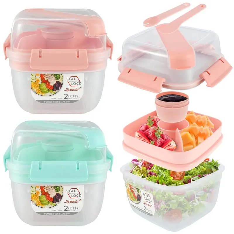 Salad Lunch Container 2L Large Capacity BPA Free Salad Lunch Box with 4  Compartments Tray Leak-proof Portable Salad Bowl with Fork for School  Office