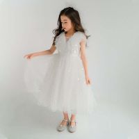 【Ladies shop】 GirlsDress Sequins WhiteTulle งานแต่งงานวันเกิด PartyTutu Fluffy Gown เด็กชุดราตรีอย่างเป็นทางการ