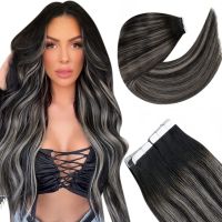 【CW】Full Shine Tape in Human Hair Extensions Ombre Natural Black to Silver Grey Real Human Hair Extensions 50g Women Straight