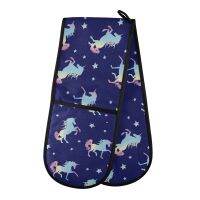 Cartoon Unicorn Print Microwave Double Oven Mitts Cotton Double-ended Heat Resistant Anti-scalding BBQ Padded Baking Oven Gloves