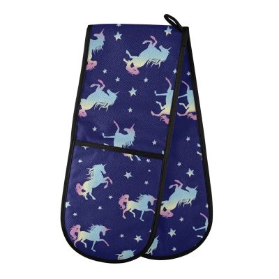 Cartoon Unicorn Print Microwave Double Oven Mitts Cotton Double-ended Heat Resistant Anti-scalding BBQ Padded Baking Oven Gloves