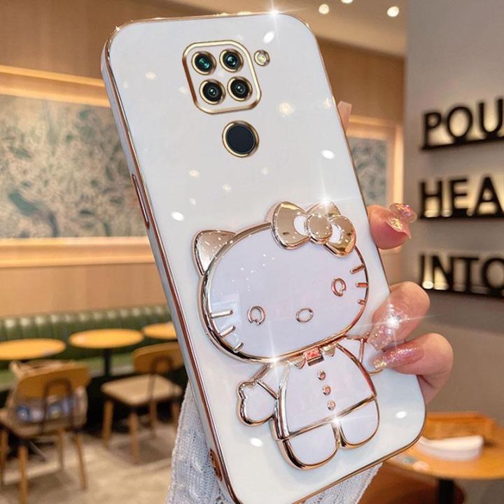 folding-makeup-mirror-phone-case-for-xiaomi-redmi-note-9-4g-case-fashion-cartoon-cute-cat-multifunctional-bracket-plating-tpu-soft-cover-casing