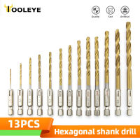 13pcs Hexagon Shank เจาะ Bit Set 1.5-6.5mm HSS Twist เจาะ Titanium Plating Woodworking เครื่องมือ 1/4－Hex Shank Metal Drill Bits