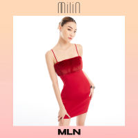 [MILIN] Spaghetti straps polyester with fur mini dress เดรสสั้นเข้ารูปปักขนเฟอร์ / Jubilant Dress