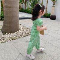 Se7en Girls Korean Plaid Floral Suit Childrens U-neck Top And Trousers Two-piece Clothing