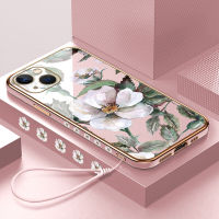 Volans เคสสำหรับ Apple iPhone 15 Plus 15 Pro Max ฟรีสายคล้อง15 Pro Max เคสขอบสี่เหลี่ยมลายดอกไม้การ์ตูนผู้หญิงน่ารักเคสเคสโทรศัพท์ชุบหรูหราเคสโทรศัพท์นิ่ม