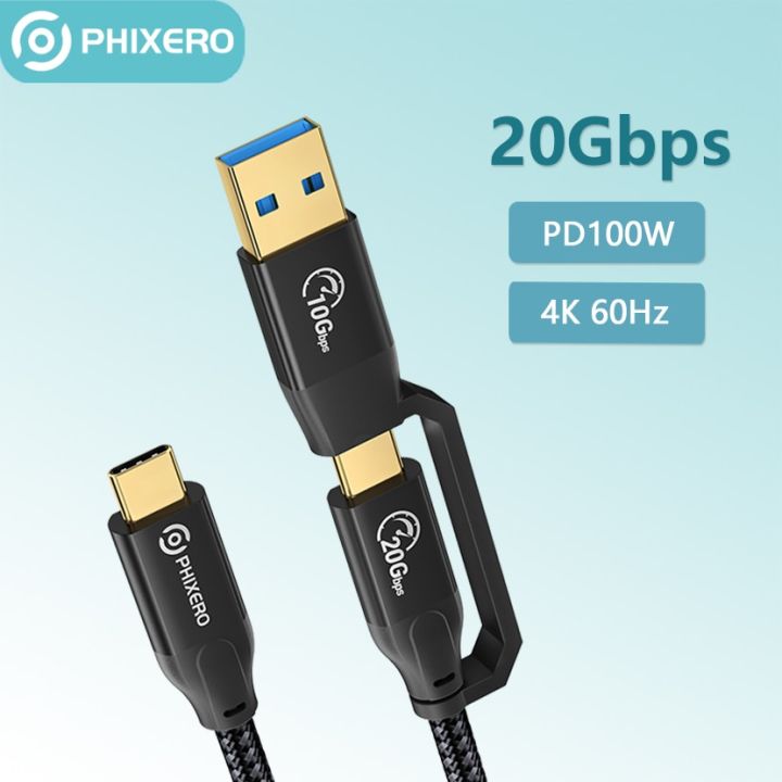 phixero-2-in-1สายชาร์จ-usb-เร็ว-c-usb-a-to-type-c-pd-100w-ความเร็วสูง-kabel-4k-60hz-สายถักเปียแยกชาย