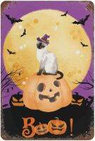 ฤดูใบไม้ร่วง Happy Halloween ป้ายดีบุกฮาโลวีนฟักทอง Boo Moon Eve Black Cat Garage Art 8X12นิ้วตกแต่งป้ายโลหะ Wall