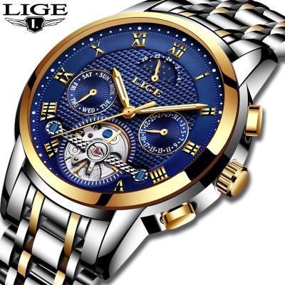 LIGE นาฬิกาผู้ชายสแตนเลสชายนาฬิกากลไกอัตโนมัติหรูหรากันน้ำแนวธุรกิจนาฬิกากีฬา