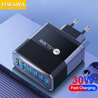 YEWAWA ตัวแปลงไฟ Charge3.0เร็ว30W เครื่องชาร์จ USB 6พอร์ตสำหรับ Iphone Xiaomi Samsung Huawei เครื่องชาร์จโทรศัพท์มือถือ