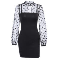 InstaHot Mesh Polka Dot Sexy Dress Long Sleeve See Through Slim Patchwork Elegant Autumn Party Club Black Backless Casual Dress