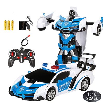 24CM 1:18 RC Car Toy Remote Transformation Robot One Key Deformation Electric Remote-controlled Toy Police Cars for Kids Boy E01