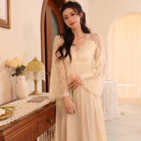 Ao Dai 2023 ปริ๊นเซลมคอวีชุดนอนแขนยาว Ice Silk ฤดูใบไม้ผลิหวานยาวเหนือเข่าเซ็กซี่กระโปรงนอนออกแบบความรู้สึกที่จะสวมใส่ออก