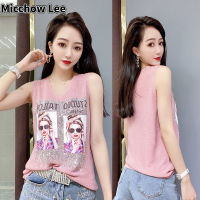 Micchow Lee เสื้อคอวีสำหรับผู้หญิงเสื้อกล้ามแฟชั่นสำหรับผู้หญิงผ้าไหมน้ำแข็งไรน์สโตนเสื้อกล้ามแขนกุดท็อปส์สบายๆหลวมมีสายคาด