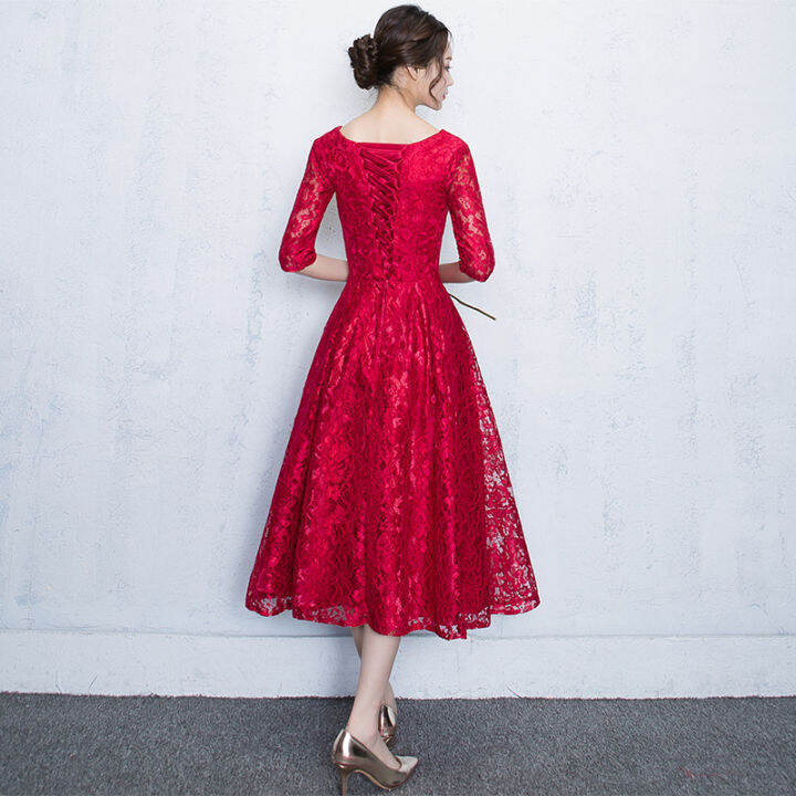 toast-2022-new-red-mid-length-slim-bridal-wedding-dress-womens-fashion-sleeve-banquet-evening-dress