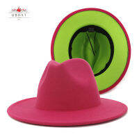 QBHAT ร้อนสีชมพูและสีเขียวมะนาวเย็บปะติดปะต่อกันขนสัตว์รู้สึก Fedora หมวกผู้หญิงปีกขนาดใหญ่ปานามา T Rilby แจ๊สหมวกดาร์บี้หมวกหมวกปีกกว้าง Mujer