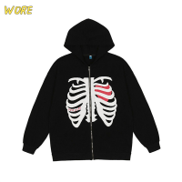 ?【Lowest price】WORE แฟชั่นโครงกระดูกพิมพ์อะนิเมะผู้ชายผู้หญิง Zipper Hoodie JACKET