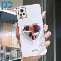 ใหม่แฟชั่น Love Heart Shape Makeup Mirror Phone Case สำหรับ VIVO V20 V20 SE V20 Pro V21 4G V21 5G V21E 4G V21E 5G V23 V23E ตรงขอบชุบโครเมี่ยมนุ่ม TPU + love ที่ใส่กระจกแต่งหน้าถุงลมนิรภัยแบบพับได้