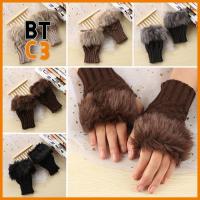 BTC3 Warm Sheep Wool Knitted Couples Fingerless Mittens Wrist Gloves Exposed Finger Faux Rabbit Fur