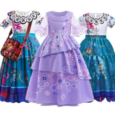 Girls Encanto Charm Dresses Print Kids Princess Costume for Halloween Mirabel Cosplay Clothes Children Carnival Role Prom Dress