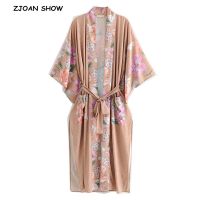 2019 Bohemian V neck Pea Flower Print Long Kimono Shirt Khaki Holiday New Lacing up Sashes Long Cardigan Loose Blouse Tops